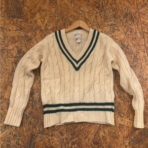 The Andover Shop Cable Knit V-Neck Sweater with Preppy  Green Stripes